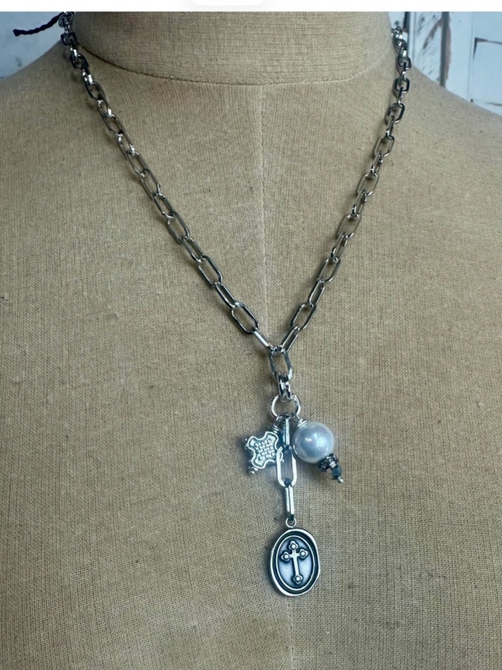 BOHO GYPSY SILVER CROSS PEARL NECKLACE